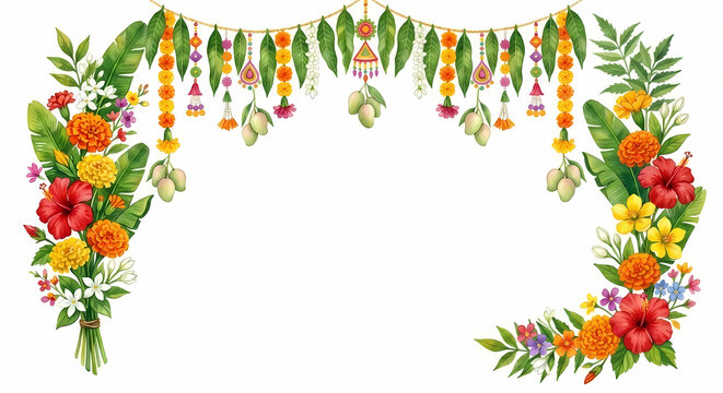 Ugadi new beginnings welcome festive decoration background with flowers and leaf.