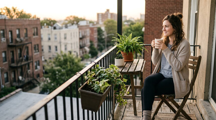 Fototapeta premium Young woman enjoying coffee on a tiny apartment balcony at sunrise and relaxing in a peaceful urban morning scene