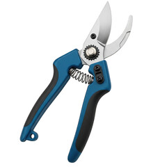 High-quality pruning shears with blue handles and sharp blades isolated on transparent background