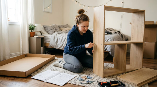 Young woman assembling flatpack furniture in a bedroom and building storage shelves after moving into a new apartment