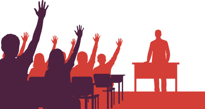 Dynamic illustration of an engaged audience with raised hands participating in a lecture, seminar, or classroom discussion, symbolizing active learning and interactive communication