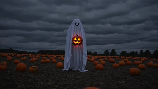 Ghost holds glowing jack o lantern. Pumpkin patch stretches across dark field. Hundreds of pumpkin surround draped figure. Cloudy sky adds eerie halloween atmosphere. Scene feels scary at nightfall.