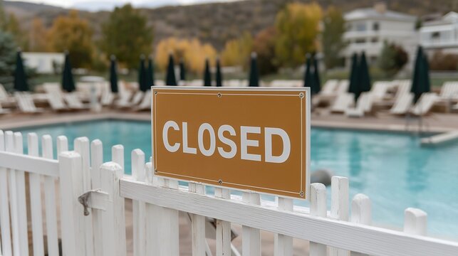 "Closed" sign on a community swimming pool gate with summer chairs stacked behind fence in autumn, perfect for seasonal closure concept, end of summer atmosphere, community facility, modern