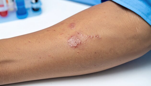 Close-up of arm with ringworm infection showing scaly patches.
