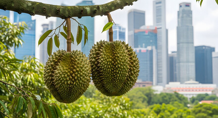 Ripe Durian Fruits Hanging on Branch with Singapore Skyline Background. Two large, perfectly ripe durian fruits with their characteristic spiky green husks hang from a sturdy branch