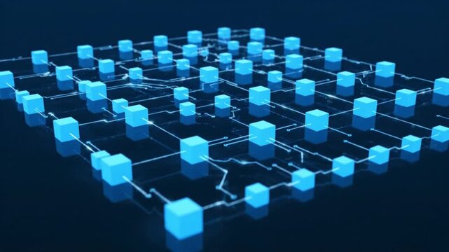 Network of interconnected blue cubes technology.