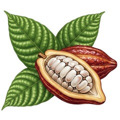 Cocoa pod with cocoa beans and leaves isolated on transparent background