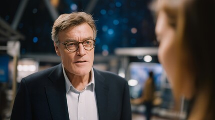 Obraz premium Documentary filmmaker interviewing aging Cold War nuclear scientist about weapons development ethical regret, perfect for nuclear history concept, Cold War science reflection, ethical awareness,