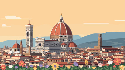 Fototapeta premium Charming flat art depiction of florence with famous cathedral and cityscape