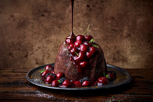 Chocolate Cherry Cake with Cherry Compote and Chocolate Sauce Pouring on Dark Wooden Background