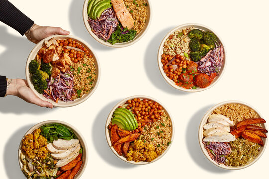 Healthy Balanced Meal Prep Bowls with Salmon, Chicken, Brown Rice and Vegetables Overhead