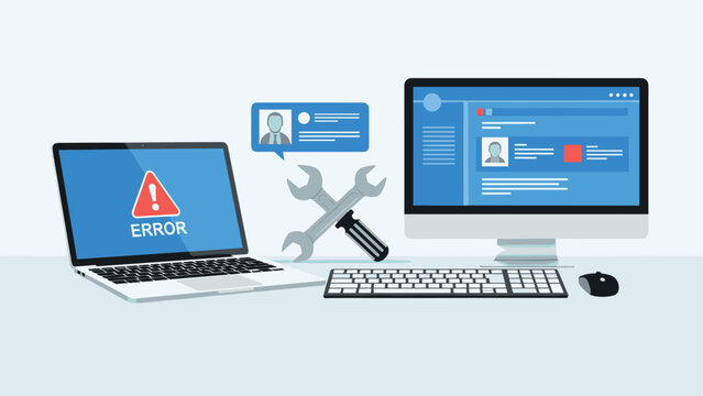 Computer troubleshooting with tools and error warning on screens