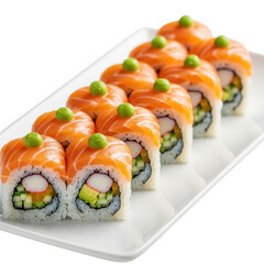 Delicious salmon sushi rolls with avocado and cream cheese isolated on transparent background