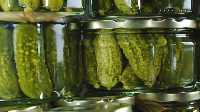 Pickled cucumbers in glass jars, preserved green gherkins in brine, fermented vegetable snacks, organic homemade pickles for pantry storage