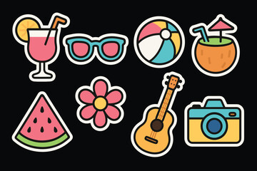 Fototapeta premium Colorful summer icons with beach day vibes on black background