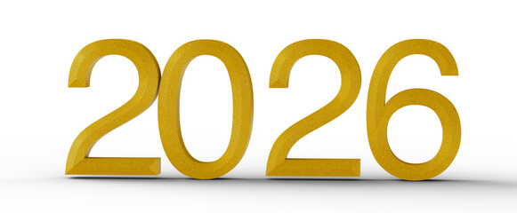 Bold golden 2026 text isolated on white, symbolizing new year, future, prosperity, and upcoming events. Perfect for vari