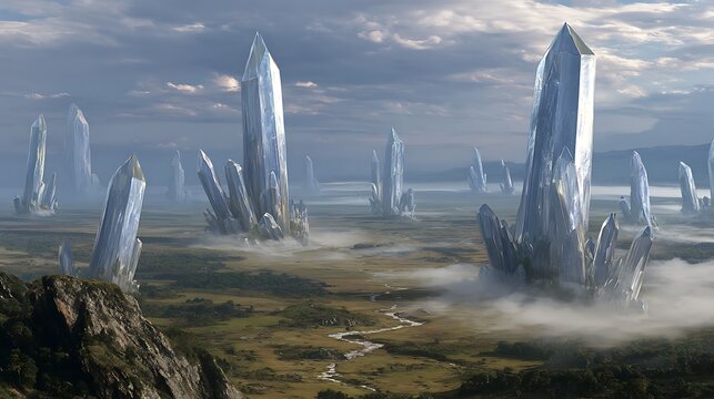 Surreal landscape of giant crystal formations in mysterious foggy valley with dramatic sky