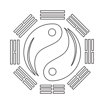 Traditional Bagua eight trigrams diagram with Five Elements symbols, ornate Chinese Feng Shui vector illustration. Five Elements symbols (metal, wood, water, fire, earth) 