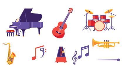 Colorful musical instruments set: piano, guitar, drums, saxophone, and symbols