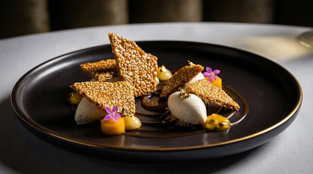 A beautifully presented bahamian benny cake on a black plate with golden accents and edible flowers.