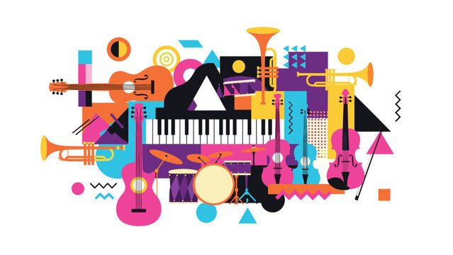 Colorful geometric music instruments collage in modern abstract style