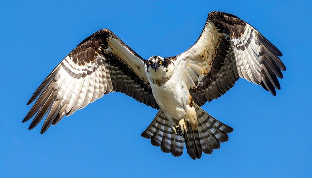 Osprey in flight with spread wings against a clear blue sky, its distinctive plumage beautifully displayed