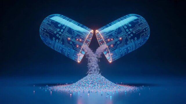 Digital medicine concept with a glowing blue circuit board capsule opening to release white granular particles onto a dark blue surface, representing advanced healthcare and technology.