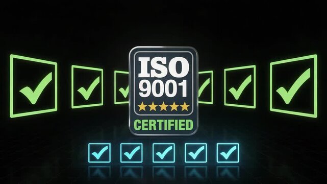 ISO 9001 Certified quality management system animation with green checkmarks on a dark background, ideal for business compliance and certification videos