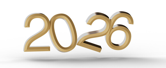 Stylish 2026 gold text on a white background, perfect for new year greetings, financial planning, and futuristic themes. © vegefox.com