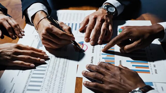 Top-down shot of several business hands surrounding printed charts and financial reports