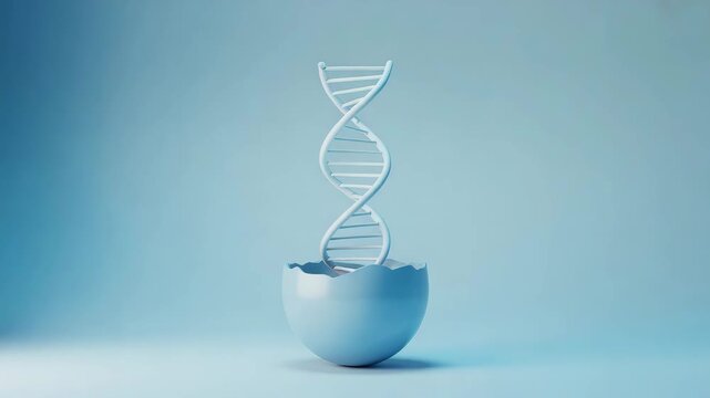 Abstract 3D rendering of a white DNA helix emerging from a broken light blue eggshell, symbolizing genetic origin and new life on a soft blue background