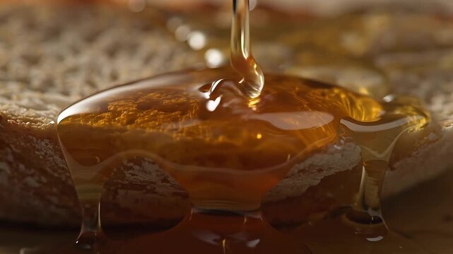 Golden honey pouring on fresh bread, organic liquid honey dripping over crusty sourdough, sweet amber syrup on rustic toast for breakfast