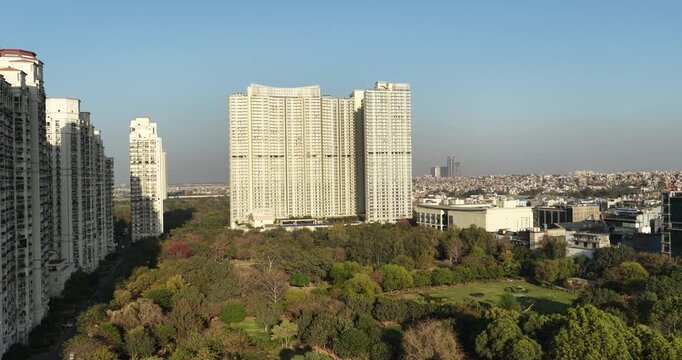 Aerial view of DLF luxury building in moti nagar west delhi 4k footage 