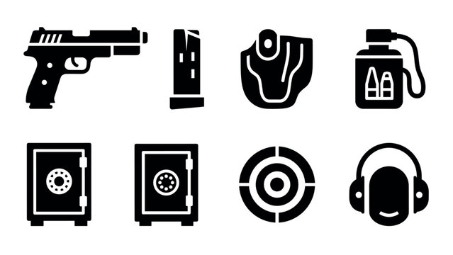 Gun safety icons set: pistol, safe, holster, ammo, target, ear protection symbols