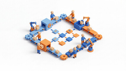 Isometric 3D illustration of business people managing workflow automation and process integration with gears and flowcharts.