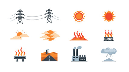 Fototapeta premium Energy and weather icon set with flat design elements in bright colors
