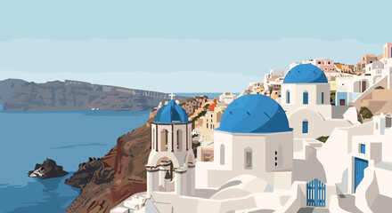 Naklejka premium Scenic coastal village with blue domes and white buildings by the sea