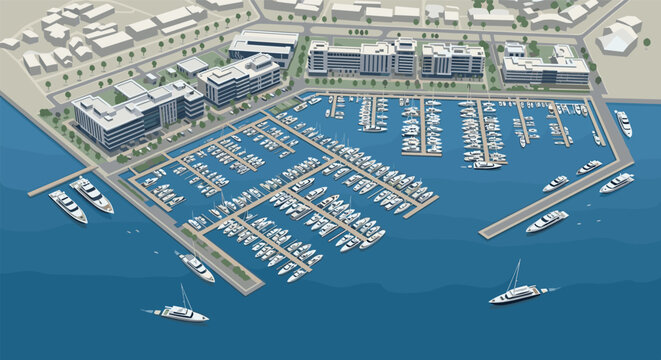 Modern marina waterfront with luxury yachts and coastal cityscape in isometric design