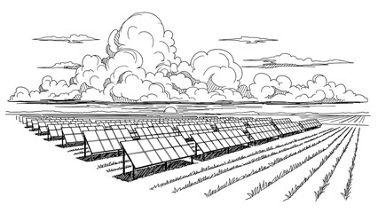 Solar field sketch with dramatic clouds in scenic landscape