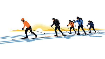 Group of people cross country skiing in the snow with mountains and sun in background