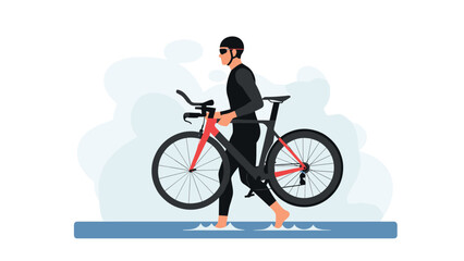 Fototapeta premium Triathlete walking with bicycle in minimalist sport style