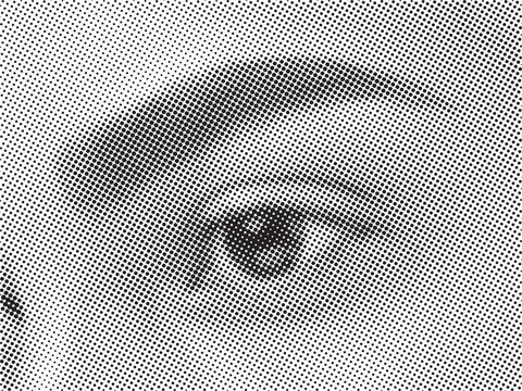 Close-up of a human eye rendered in a halftone dot pattern, abstract vintage portrait detail, monochrome artistic macro shot.