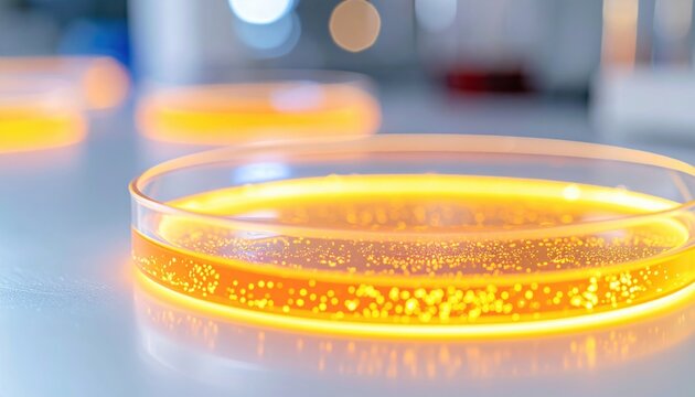 Close-up view of bioluminescent bio-engineered yeast culture glowing brightly in a laboratory petri dish for food research