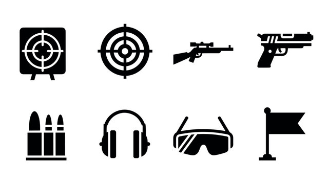 Shooting range icons: targets, weapons, and safety gear in bold silhouette style