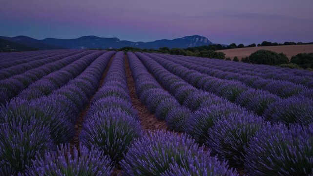 Row of lavender fills field. Purple flower row stretches toward mountain. Sunset sky casts soft violet light. Rural farm landscape offers calm view. Plant texture and pattern create visual rhythm.