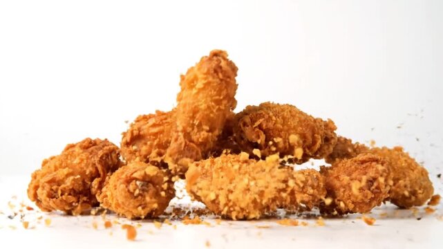 Golden-brown crispy fried chicken pieces, freshly prepared and stacked, highlighting their delicious texture and savory appeal on a clean white backdrop for food content