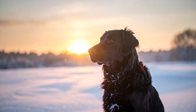 Portrait of a Black Flat Coated Retriever Dog in a Snowy Winter Landscape at Sunset Capturing a Sense of Serenity.