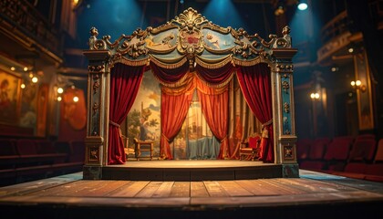 Exquisite Baroque Style Miniature Puppet Theater with Rich Velvet Curtains and Painted Scenery