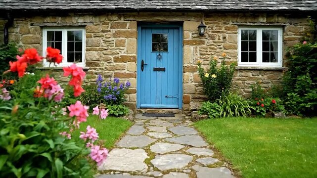 Charming Stone Cottage with Blue Door and Vibrant Garden Path.