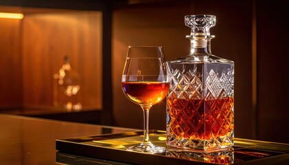 Crystal Decanter Filled with Rich Amber Whiskey Beside a Serving Glass Catching Soft Light